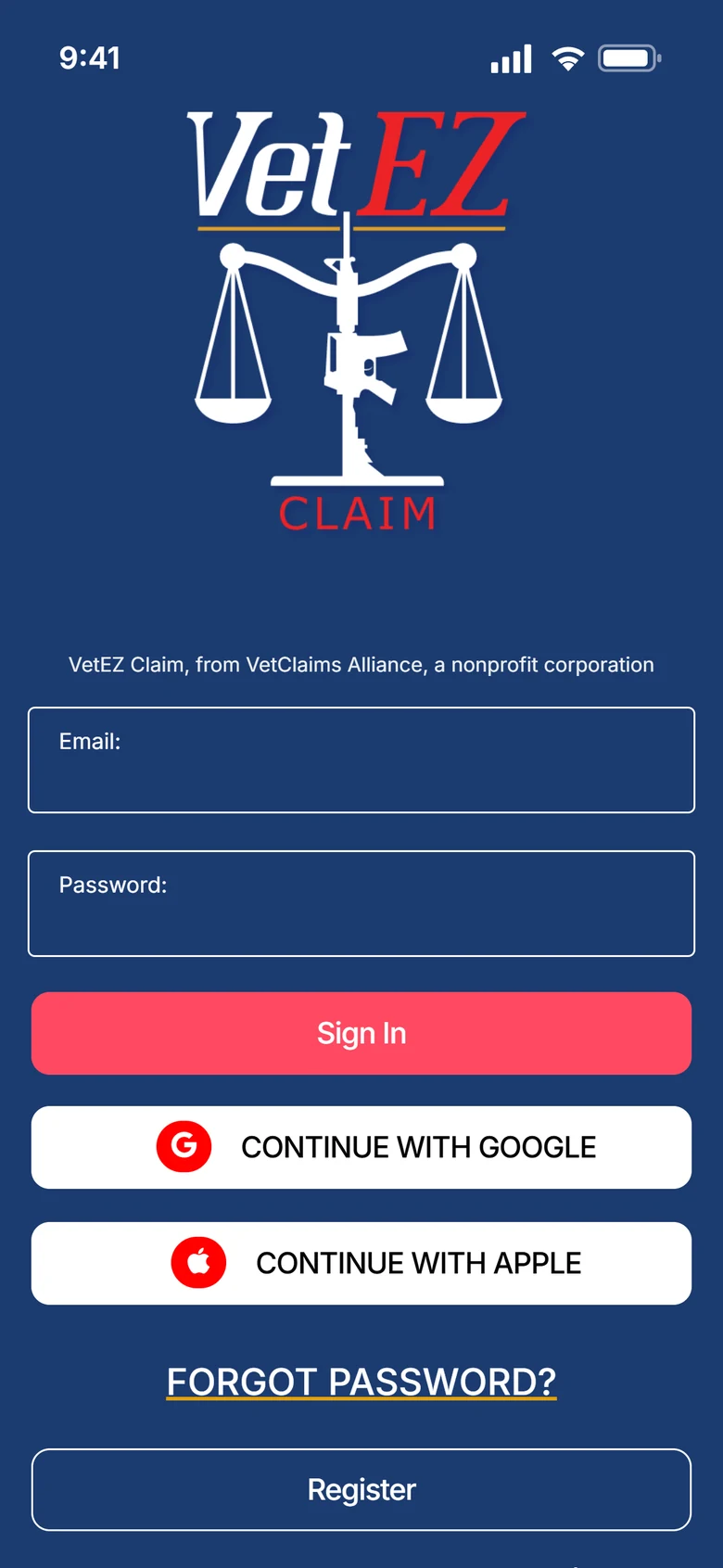 VetEZ Claim app sign-in screen, with Continue with Google and Continue with Apple