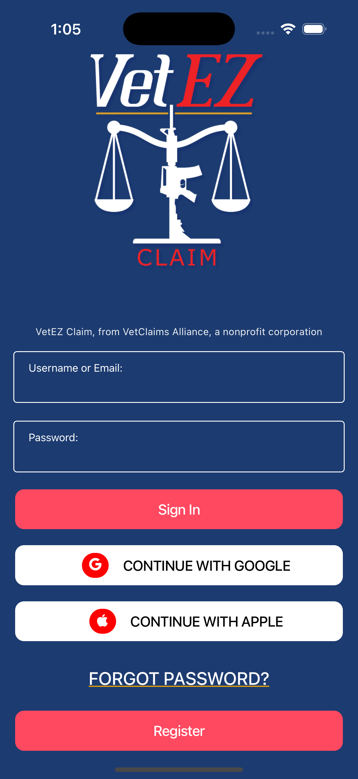 VetEZ Claim app on iPhone